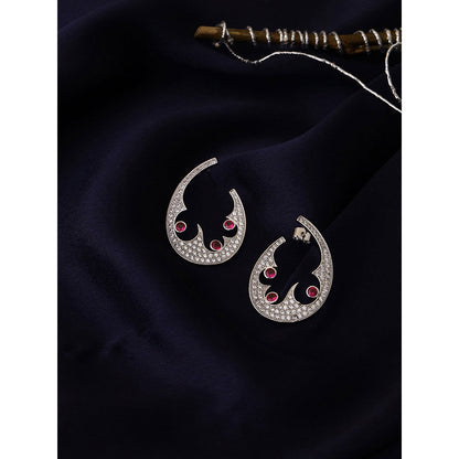 Shaze Silver Rhodium-Plated American Diamond Red Horseshoe Hoop Earrings For Women
