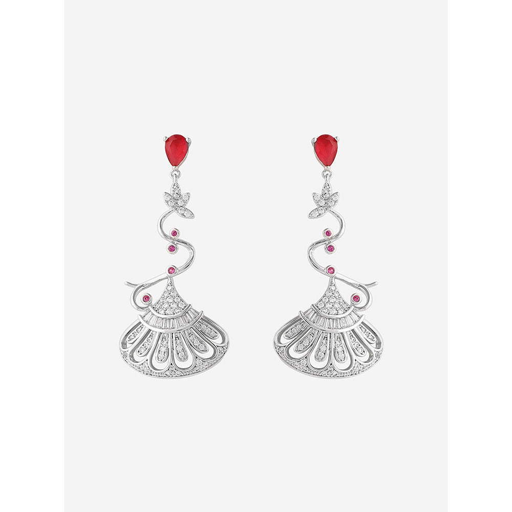 Shaze Silver Rhodium-Plated American Diamond Red Pot Drop & Dangle Earrings For Women
