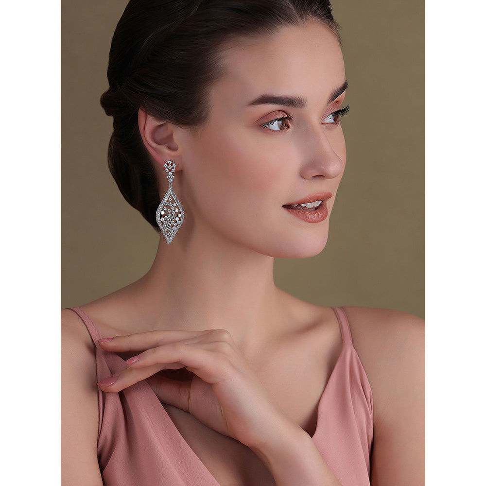 Shaze Silver Rhodium-Plated American Diamond Bluebell Drop & Dangle Earrings For Women