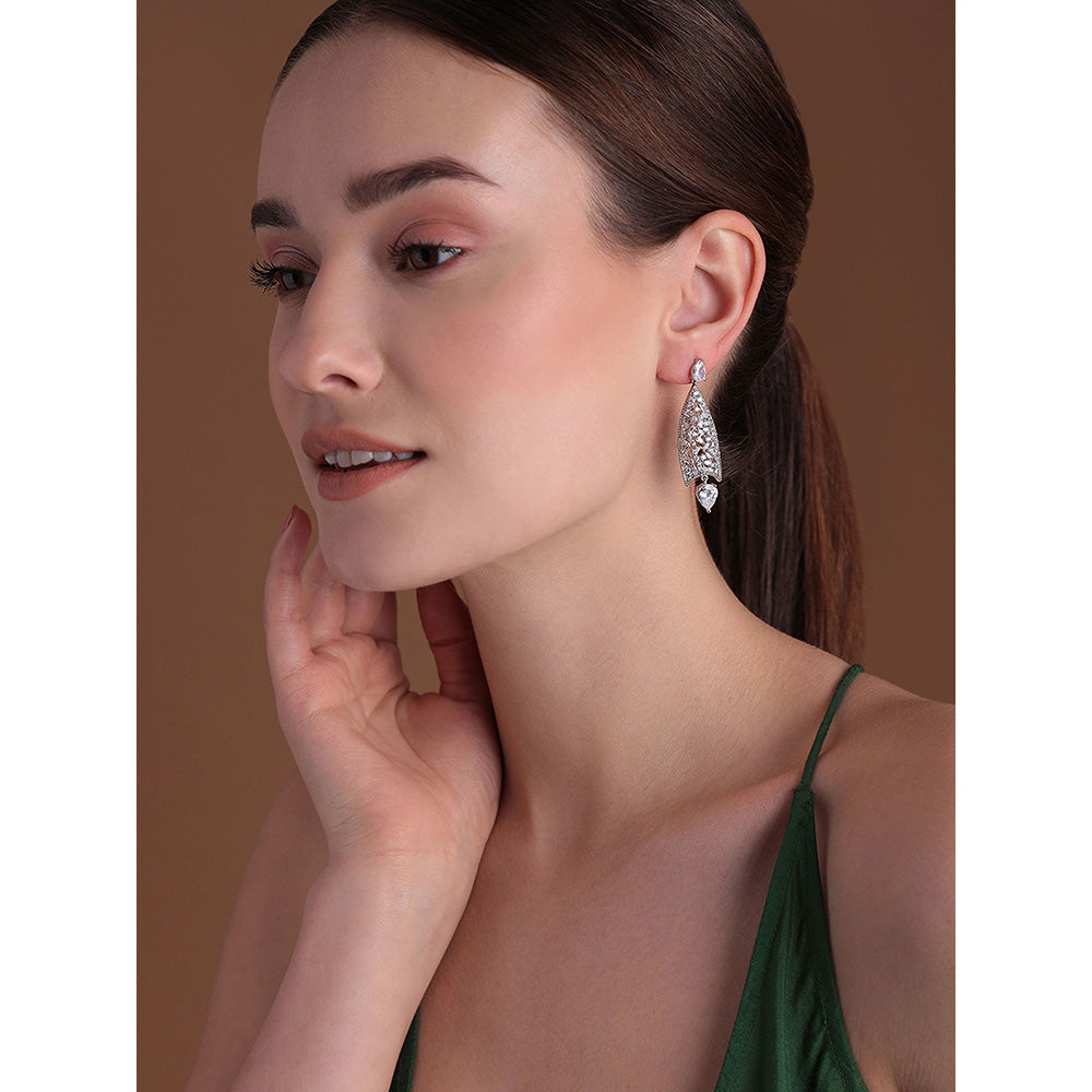 Shaze Silver Rhodium-Plated American Diamond Cluster Drop & Dangle Earrings For Women