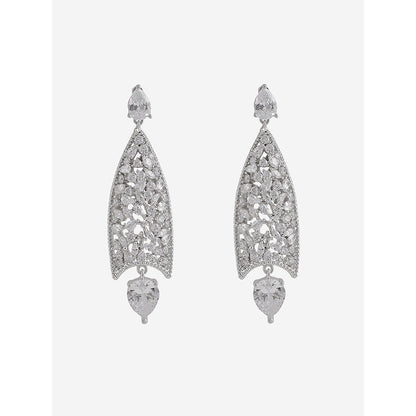 Shaze Silver Rhodium-Plated American Diamond Cluster Drop & Dangle Earrings For Women