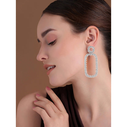 Shaze Silver Rhodium-Plated American Diamond Borderline Drop & Dangle Earrings For Women