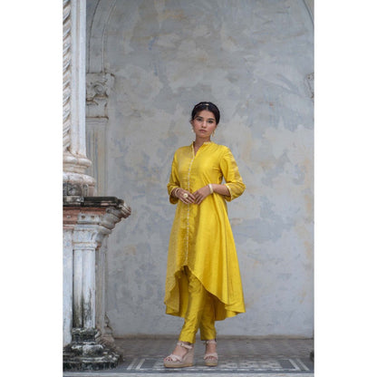 Sheela Suthar Acacia Yellow Asymmetric Kurta with Slip and Pant (Set of 3)