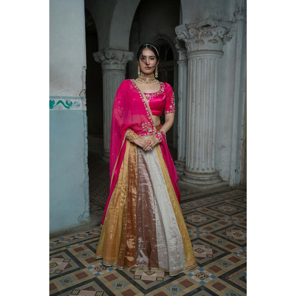 Sheela Suthar Pink Embroidered Lehenga with Dupatta, Blouse and Cancan Skirt (Set of 4)