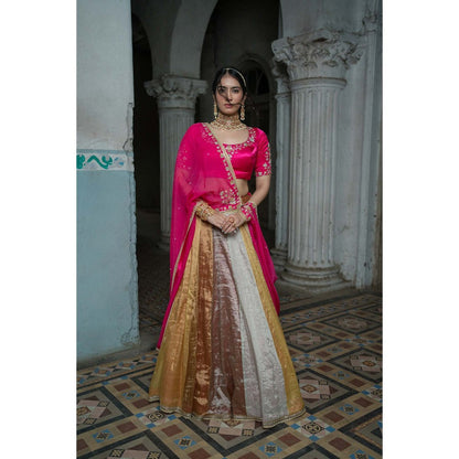 Sheela Suthar Pink Embroidered Lehenga with Dupatta, Blouse and Cancan Skirt (Set of 4)