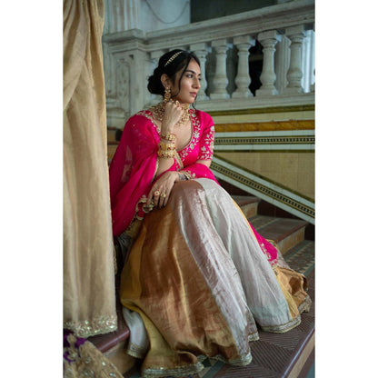 Sheela Suthar Pink Embroidered Lehenga with Dupatta, Blouse and Cancan Skirt (Set of 4)