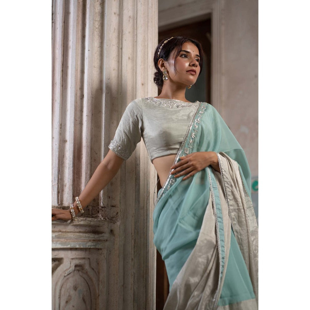 Sheela Suthar Silver Saree with Stitched Blouse