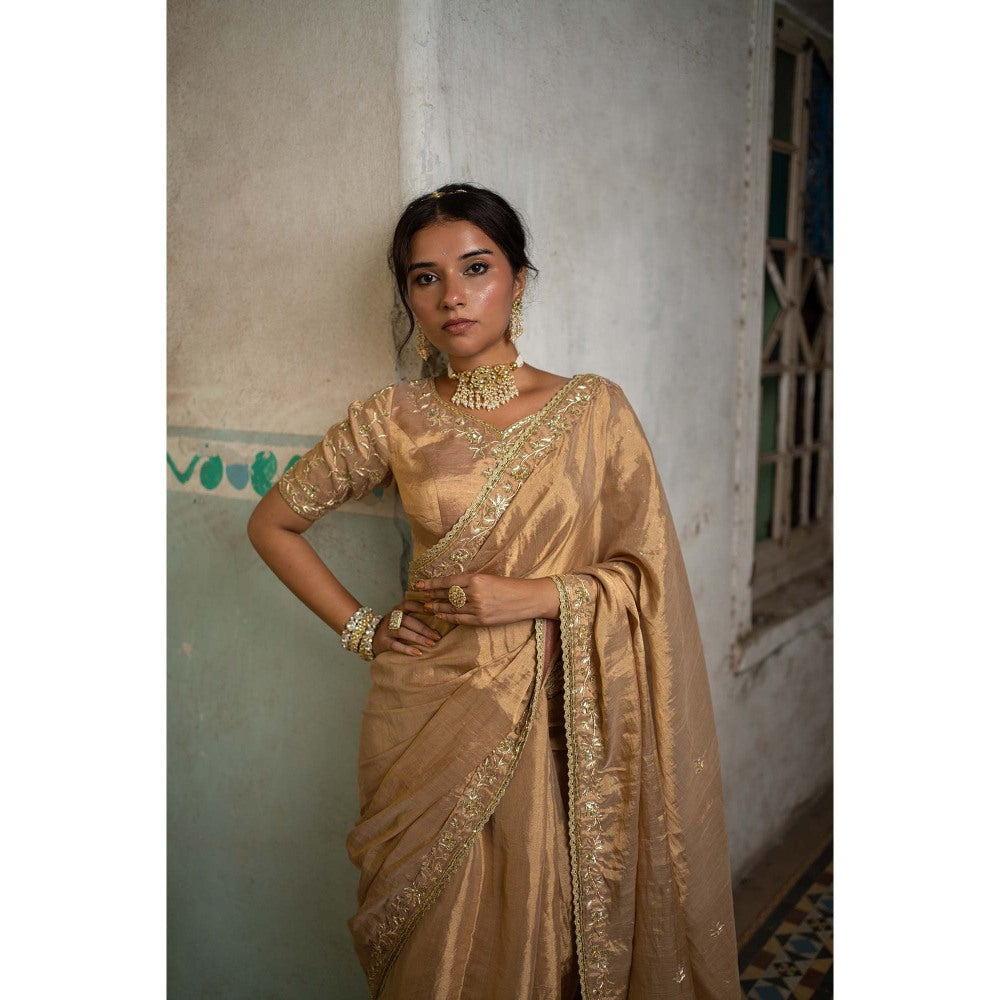 Sheela Suthar Gold Tissue Saree with Stitched Blouse