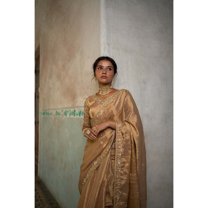 Sheela Suthar Gold Tissue Saree with Stitched Blouse