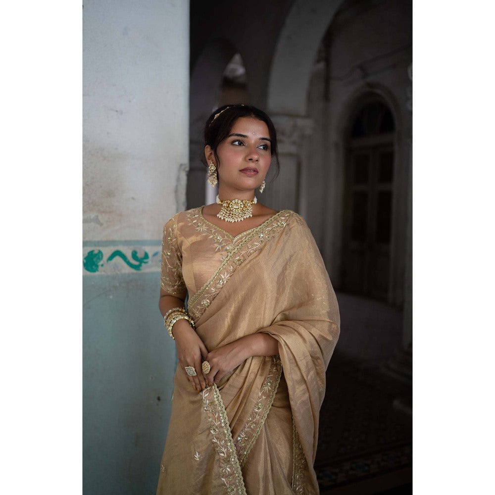 Sheela Suthar Gold Tissue Saree with Stitched Blouse