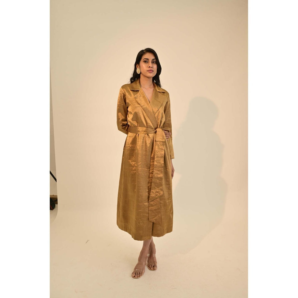 Sheela Suthar Signature Zari Tissue Dark Gold Coat Dress with Belt (Set of 2)
