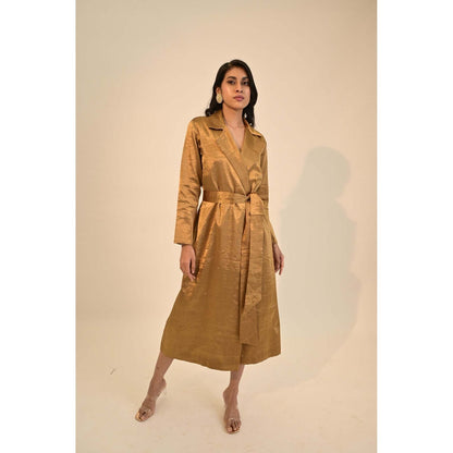 Sheela Suthar Signature Zari Tissue Dark Gold Coat Dress with Belt (Set of 2)