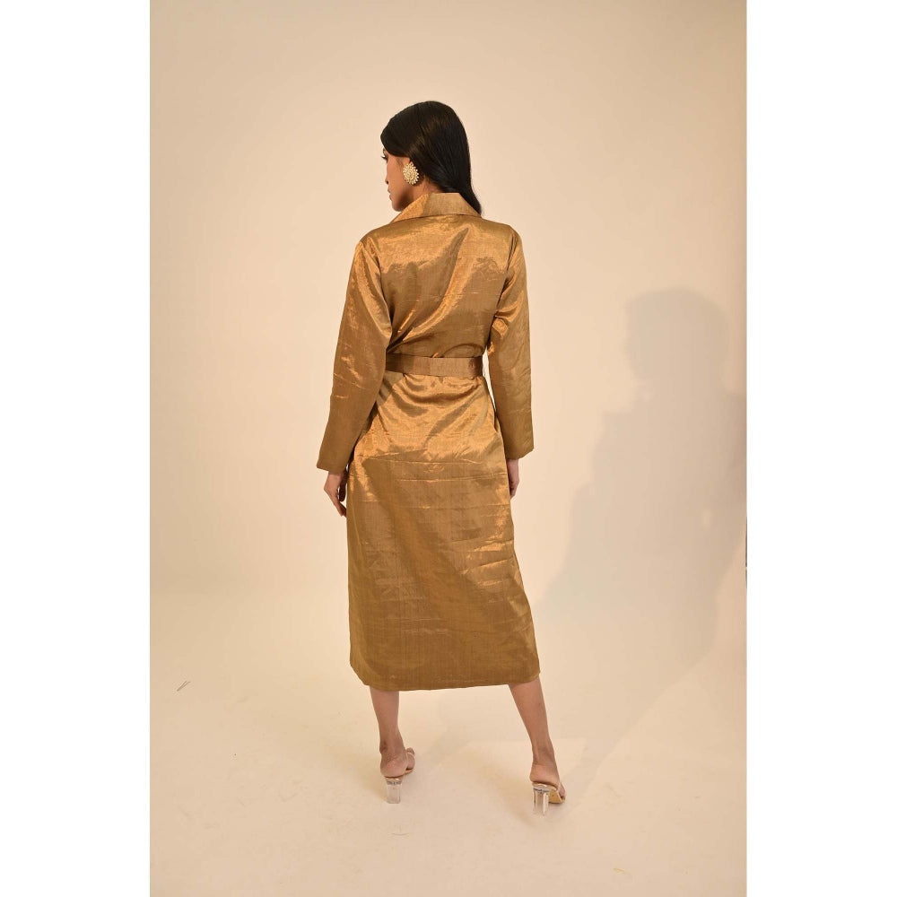 Sheela Suthar Signature Zari Tissue Dark Gold Coat Dress with Belt (Set of 2)