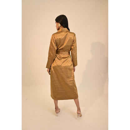 Sheela Suthar Signature Zari Tissue Dark Gold Coat Dress with Belt (Set of 2)