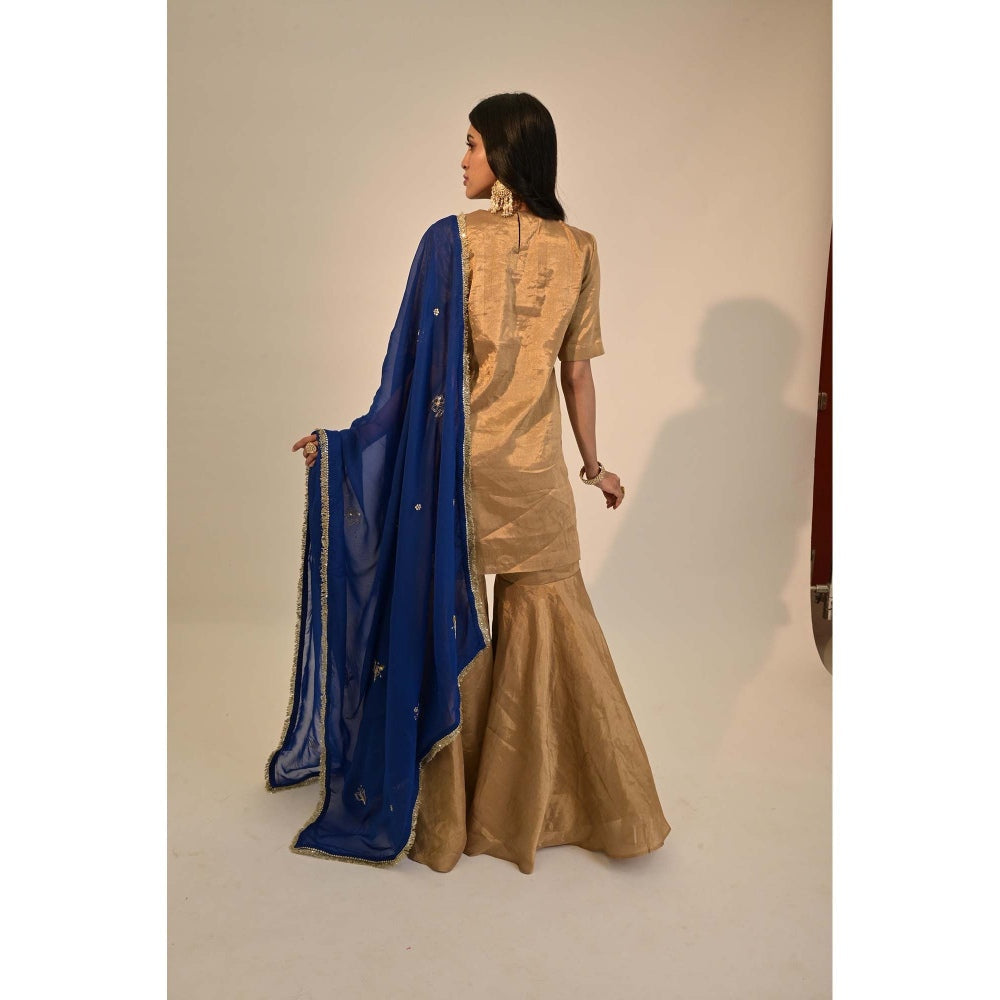 Sheela Suthar Signature Zari Tissue Gold Kurti with Sharara and Dupatta. (Set of 3)