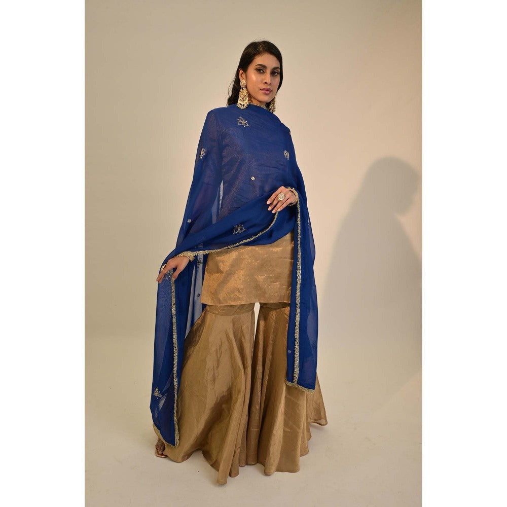 Sheela Suthar Signature Zari Tissue Gold Kurti with Sharara and Dupatta. (Set of 3)