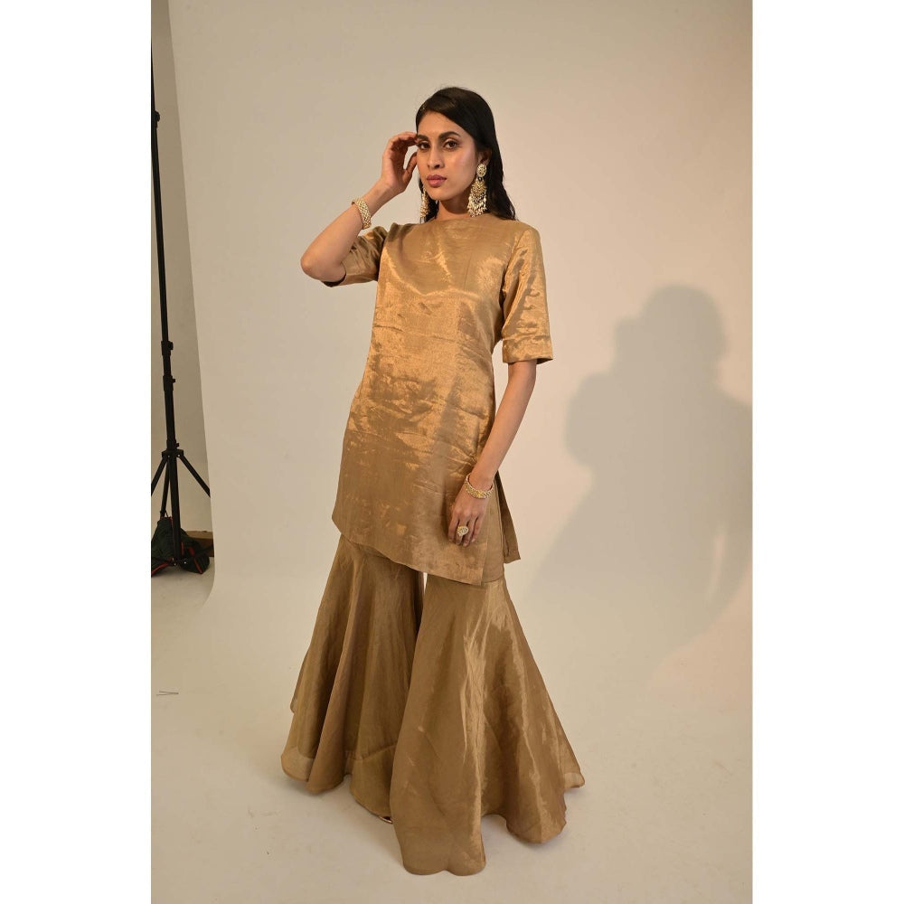 Sheela Suthar Signature Zari Tissue Gold Kurti with Sharara and Dupatta. (Set of 3)