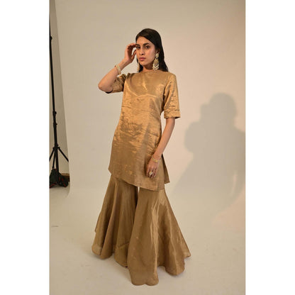 Sheela Suthar Signature Zari Tissue Gold Kurti with Sharara and Dupatta. (Set of 3)