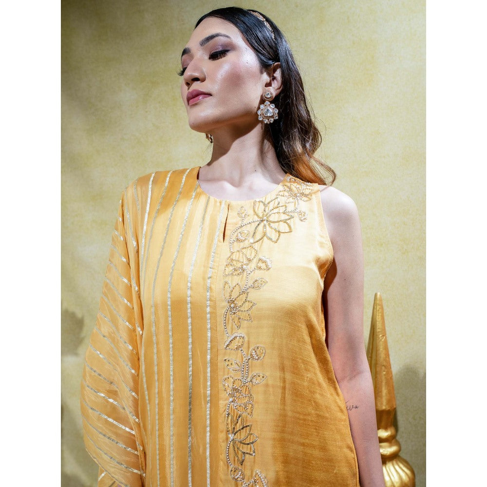 Sheela Suthar Muted Mustard Asymmetric Embroidered Kurta and Pant (Set of 2)