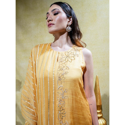 Sheela Suthar Muted Mustard Asymmetric Embroidered Kurta and Pant (Set of 2)