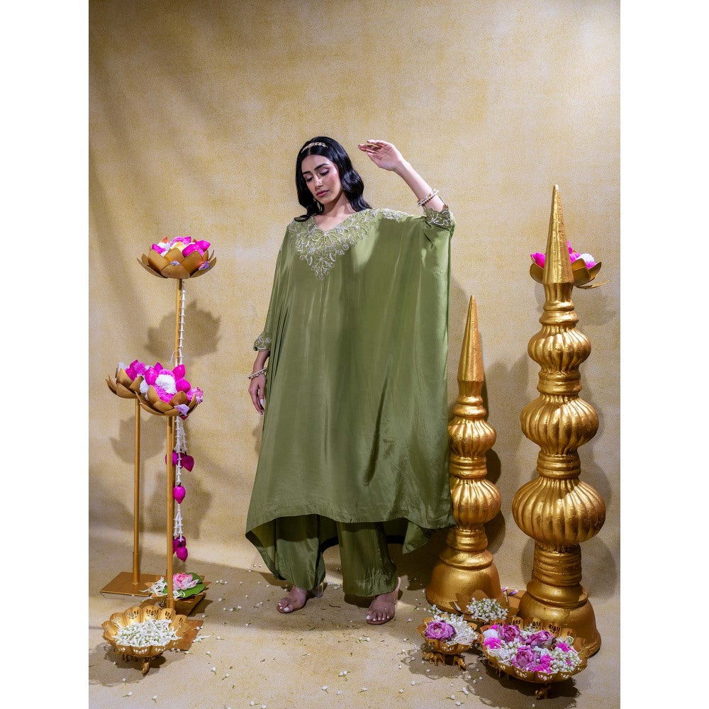 Sheela Suthar Olive Asymmetric Embroidered Kaftan and Pant (Set of 2)