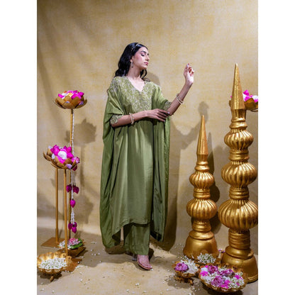 Sheela Suthar Olive Asymmetric Embroidered Kaftan and Pant (Set of 2)