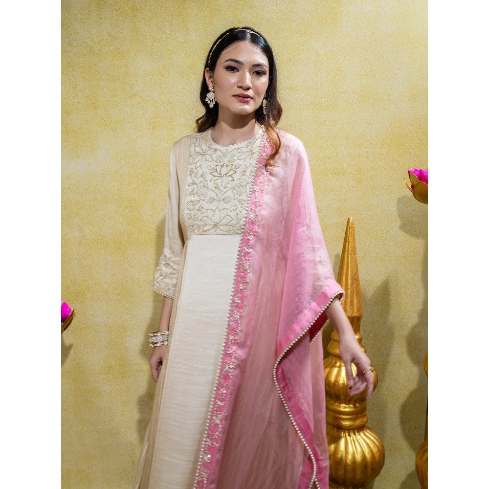 Sheela Suthar Ivory Embroidered Anarkali with Pant and Dupatta (Set of 3)