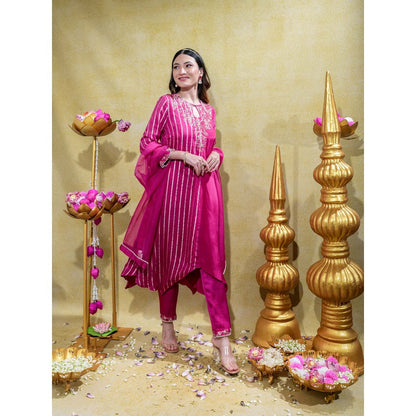 Sheela Suthar Deep Pink Embroidered Asym Kurta with Pant and Dupatta (Set of 3)