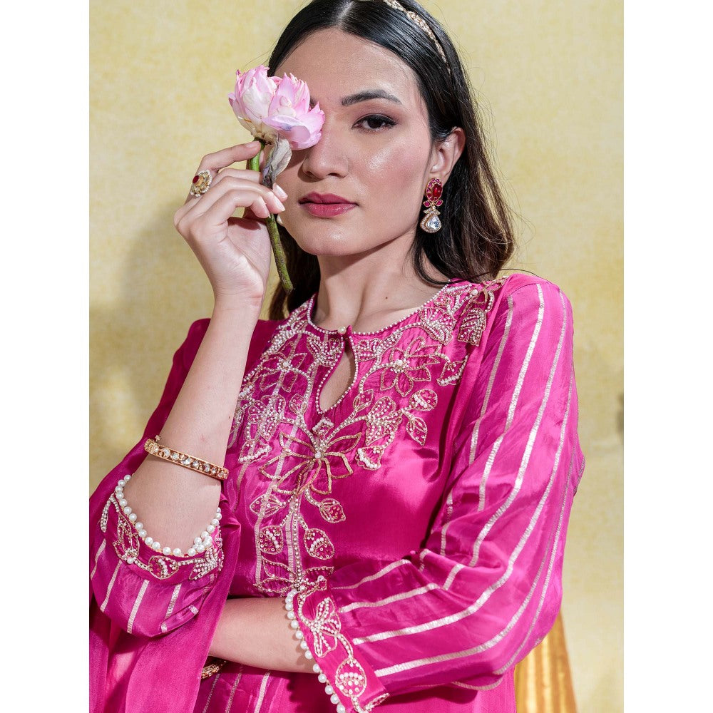 Sheela Suthar Deep Pink Embroidered Asym Kurta with Pant and Dupatta (Set of 3)