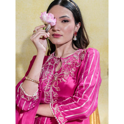 Sheela Suthar Deep Pink Embroidered Asym Kurta with Pant and Dupatta (Set of 3)