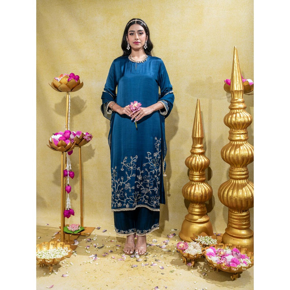 Sheela Suthar Midnight Blue Embroidered Straight Kurta with Pant and Dupatta (Set of 3)