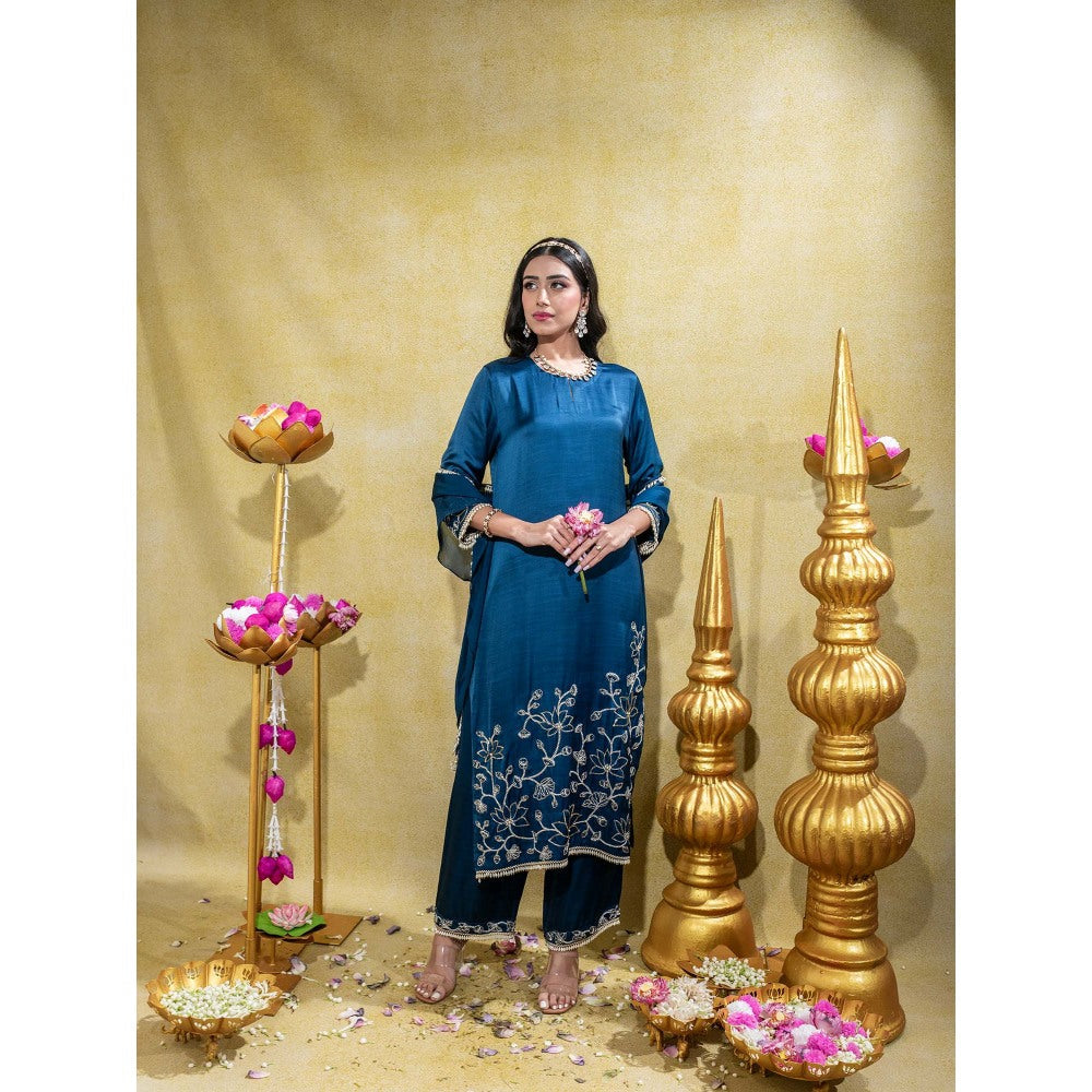 Sheela Suthar Midnight Blue Embroidered Straight Kurta with Pant and Dupatta (Set of 3)