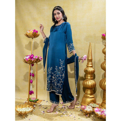Sheela Suthar Midnight Blue Embroidered Straight Kurta with Pant and Dupatta (Set of 3)