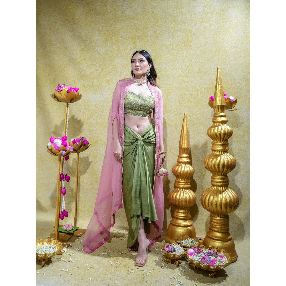 Sheela Suthar Olive Embroidered Bralette with Draped Skirt and Cape (Set of 3)