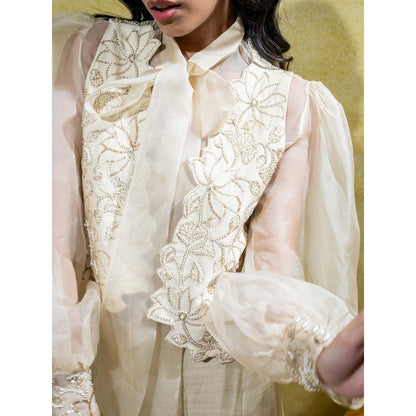 Sheela Suthar Ivory Embordered Silk Organza Shirt with Jacket and Palazzo (Set of 3)