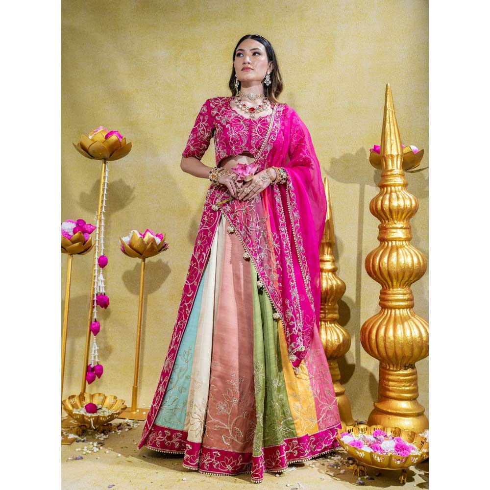 Sheela Suthar Pink Lehenga with Blouse, Dupatta, Kali Attachment and Cancan Skirt (Set of 5)