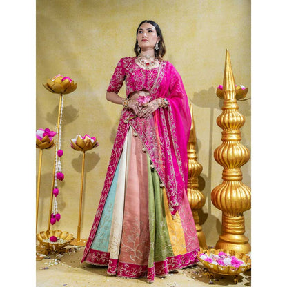 Sheela Suthar Pink Lehenga with Blouse, Dupatta, Kali Attachment and Cancan Skirt (Set of 5)