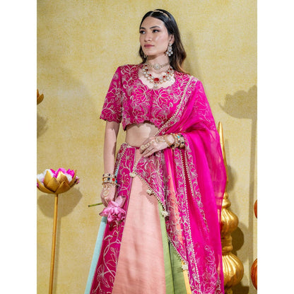 Sheela Suthar Pink Lehenga with Blouse, Dupatta, Kali Attachment and Cancan Skirt (Set of 5)