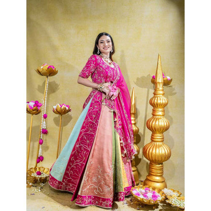 Sheela Suthar Pink Lehenga with Blouse, Dupatta, Kali Attachment and Cancan Skirt (Set of 5)