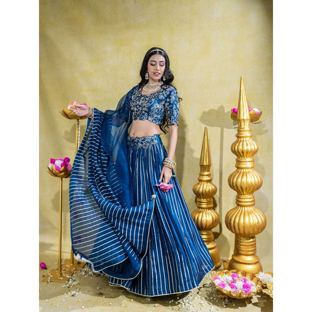Sheela Suthar Blue Blouse with Lehenga, Dupatta and Cancan Skirt (Set of 4)
