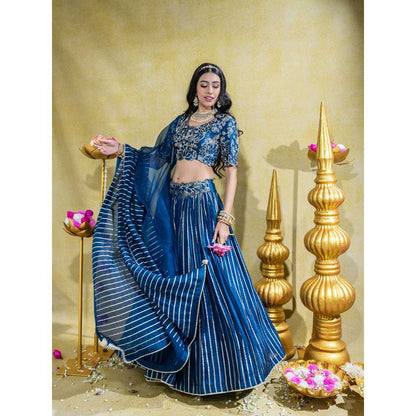 Sheela Suthar Blue Blouse with Lehenga, Dupatta and Cancan Skirt (Set of 4)