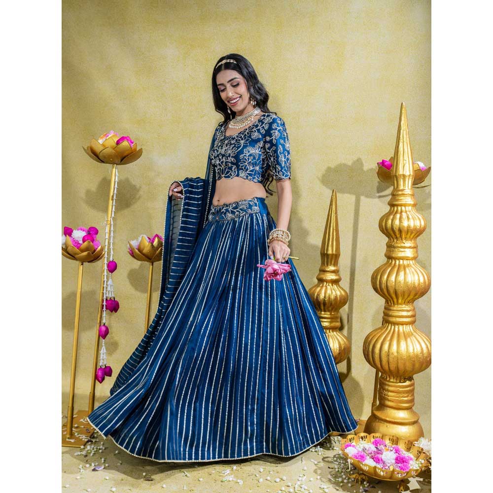 Sheela Suthar Blue Blouse with Lehenga, Dupatta and Cancan Skirt (Set of 4)