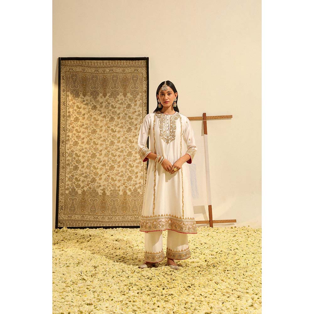 Sheetal Batra Ivory Shiza Long A-Line Kurta with Palazzo and Dupatta (Set of 3)