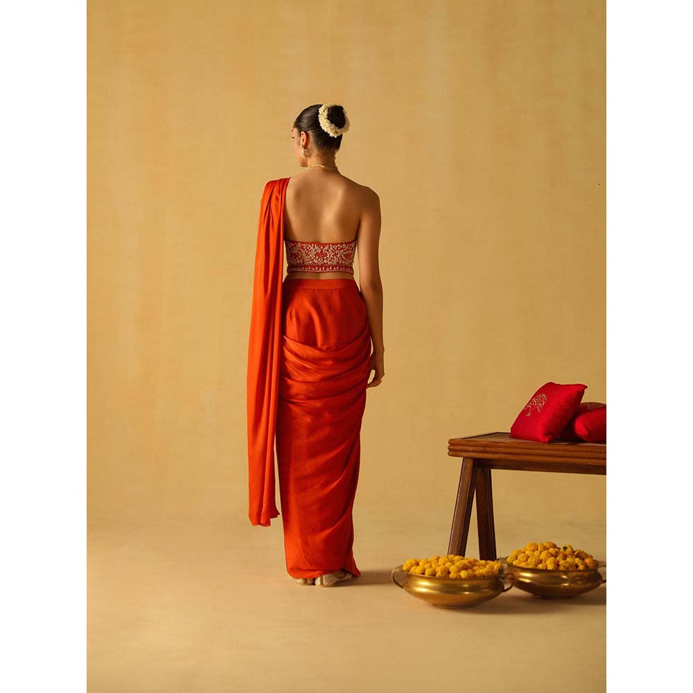 Sheetal Batra Rumaan Burnt Orange Pre Draped Saree with Stitched Blouse and Belt