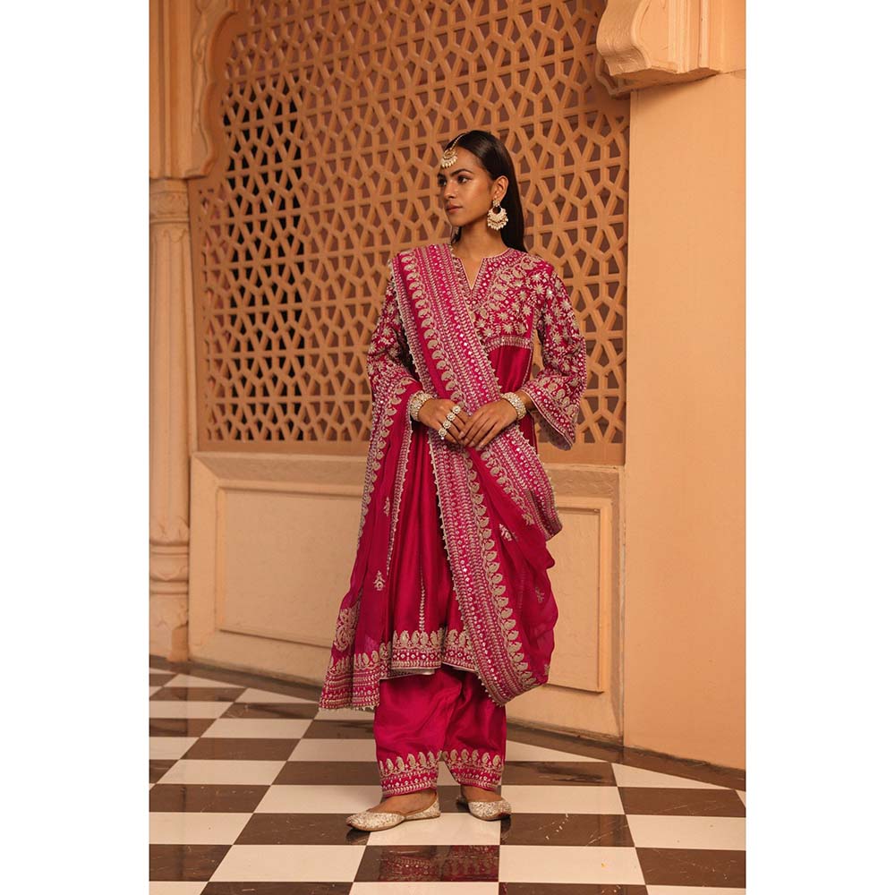 Sheetal Batra Hot Pink Aiman Anarkali Kurta with Salwar and Dupatta (Set of 3)