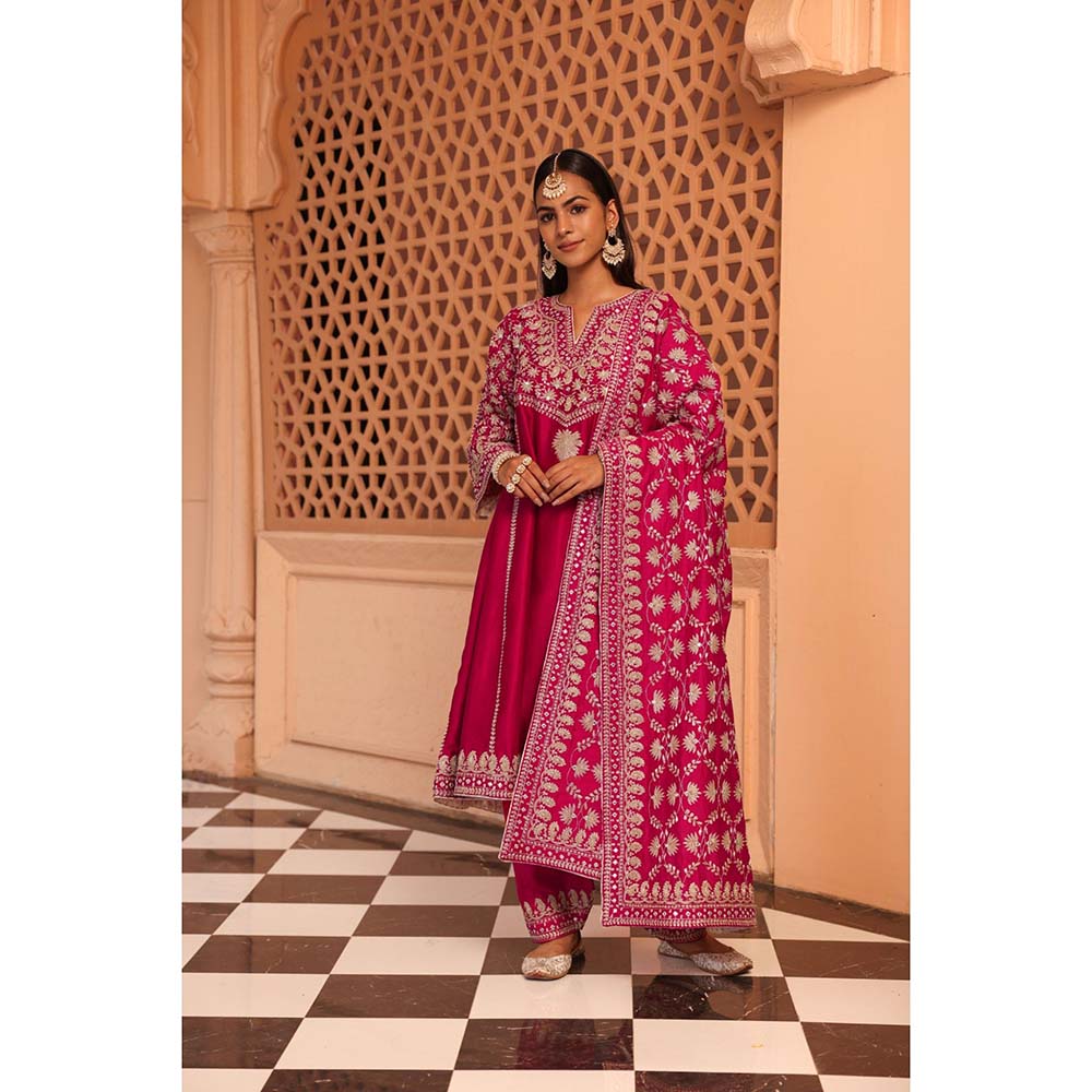 Sheetal Batra Hot Pink Aiman Anarkali Kurta with Salwar and Dupatta (Set of 3)
