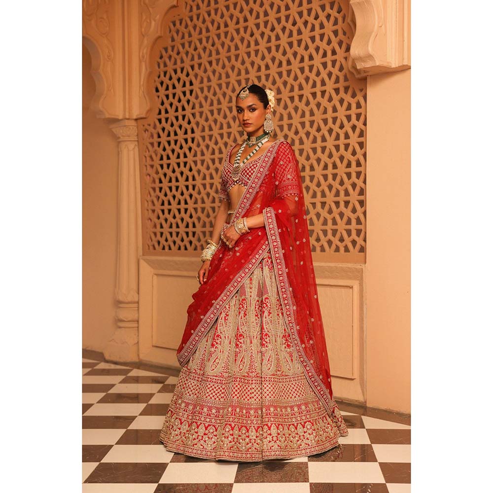 Sheetal Batra Nazreen Red Lehenga with Blouse and Dupatta (Set of 3)