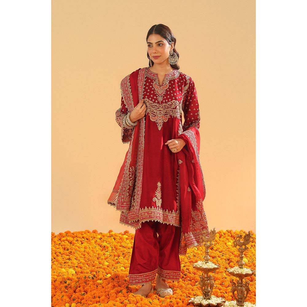 Sheetal Batra Shahzain Deep Red Kalidaar Kurta with Salwar and Khada Dupatta (Set of 3)