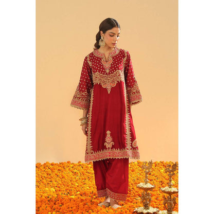 Sheetal Batra Shahzain Deep Red Kalidaar Kurta with Salwar and Khada Dupatta (Set of 3)