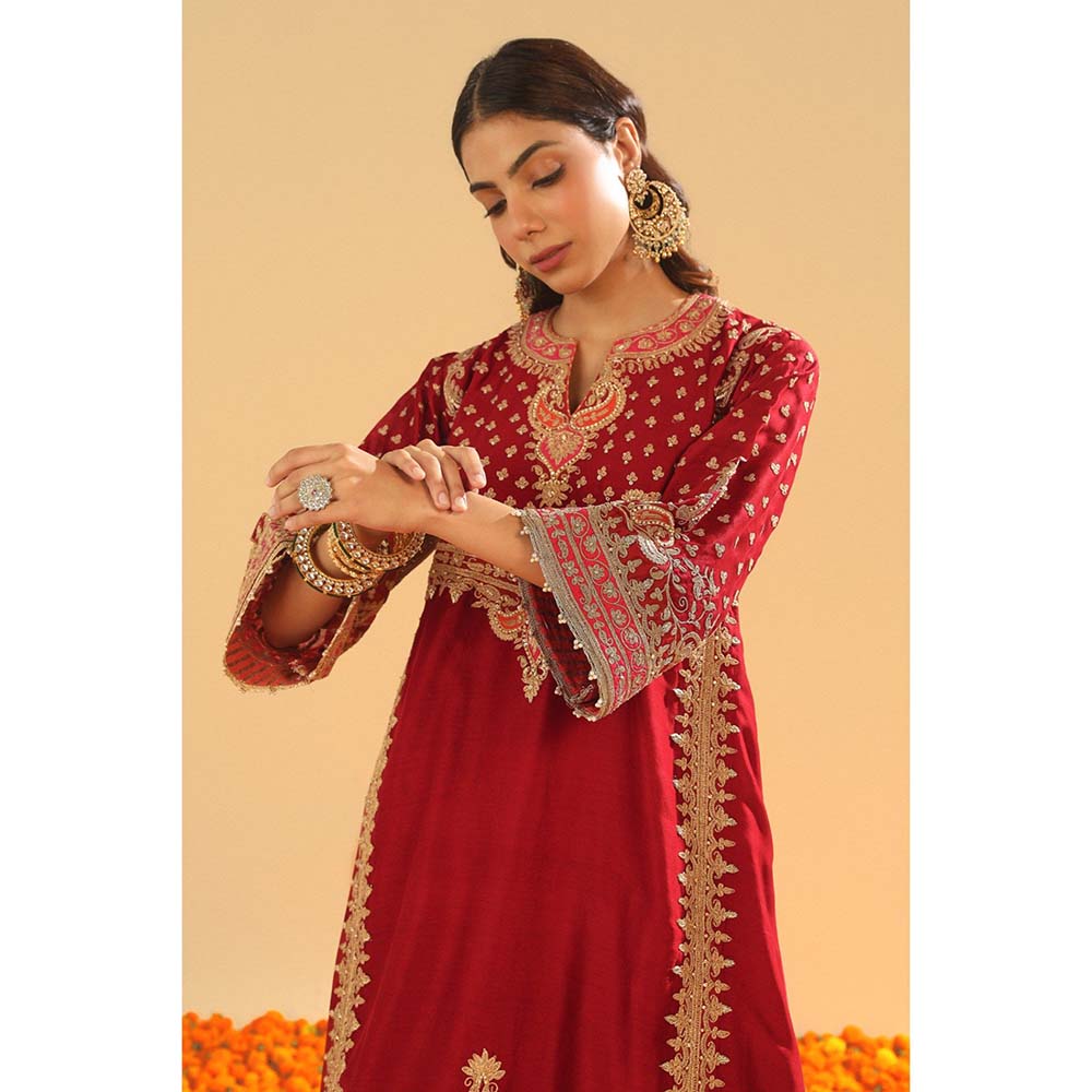 Sheetal Batra Shahzain Deep Red Kalidaar Kurta with Salwar and Khada Dupatta (Set of 3)